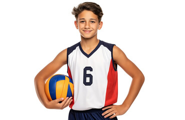 Youth boy volleyball player in jersey number 16 smiling on isolated background