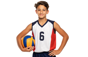 Youth boy volleyball player in jersey number 16 smiling on isolated background