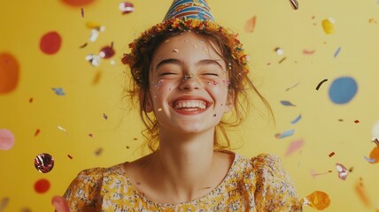 birthday of smiling girl wearing party hat, celebrating Portrait with falling confetti and balloons, expressing joy and happiness yellow background