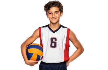 Youth boy volleyball player in jersey number 16 smiling on isolated background