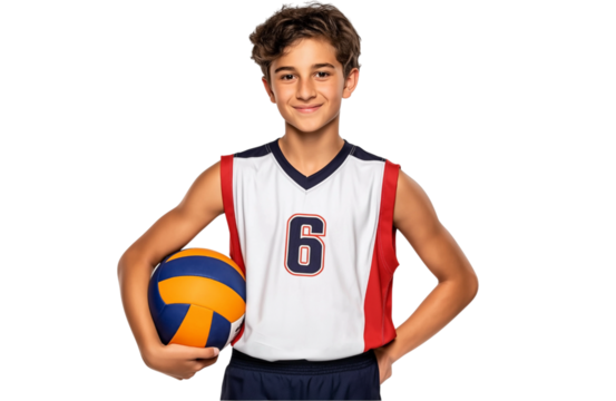 Youth boy volleyball player in jersey number 16 smiling on isolated background