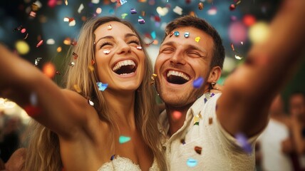 celebrating couple people, victory lottery Joyful with raised arms amid colorful confetti shower winner
