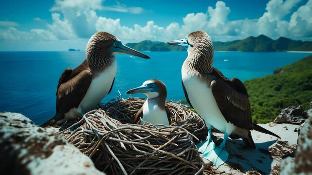 Adult blue-footed boobies engage in nest exchange