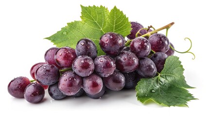 Obraz premium Fresh Purple Grapes with Water Droplets and Green Leaves on White Background