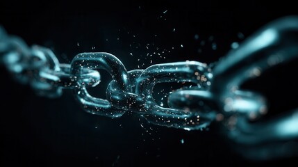 Metallic chain links breaking apart in darkness.