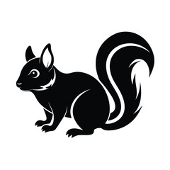 Silhouette illustration of a squirrel with a bushy tail in black and white vector art on isolated background