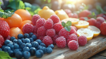 Vibrant assortment of fresh berries and citrus fruits on a wooden table
