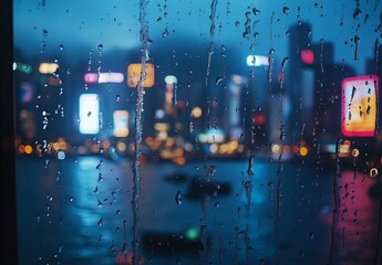 Obraz premium Rainy night in the city vibrant urban lights reflected on wet glass hong kong night photography moody atmosphere close-up view captivating urban life