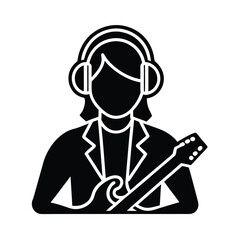 Illustration of a musician wearing headphones playing a guitar simple monochrome icon graphic design
