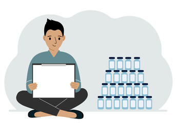 A man holds a clipboard with a blank sheet of paper in his hands. There are many jars of vaccines nearby.