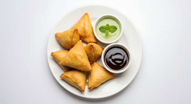 Delicious samosas with mint chutney and tamarind sauce on a white plate, indian snack food photography