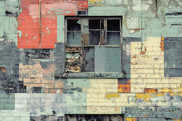Naklejka premium Damaged brick wall with a broken window urban decay abstract art