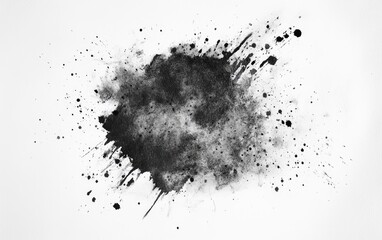 Abstract ink splatter on white background. Dark gray ink blots and splatters radiate outward from a central area