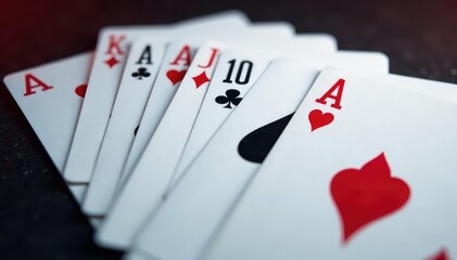 Playing cards arranged in a row, showing ace of each suit , pattern, royalty