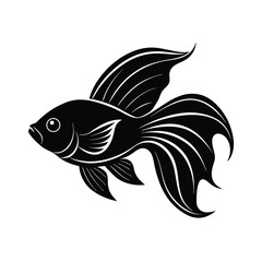 Graceful black and white goldfish illustration depicting a swimming fish silhouette in clean minimalist style