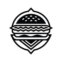 Illustrated black and white burger icon featuring buns meat and other ingredients displayed in a simple design.