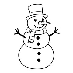 Black and white drawing of snowman with top hat, scarf, arms, carrot nose