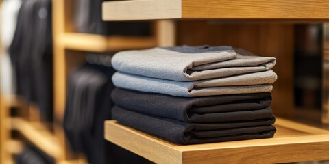 Neatly Stacked Clothes on Shelf in Boutique Store.