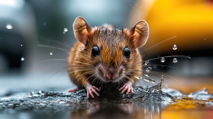 A cute little mouse captured in an enchanting moment, playfully splashing through raindrops, evoking a sense of joy and innocence in a natural, outdoor environment.