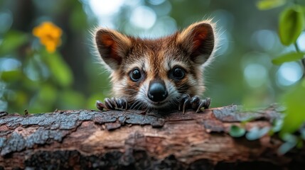 A small, furry creature peeks over a log with big expressive eyes, surrounded by soft green foliage, capturing a moment of curiosity and nature's beauty.
