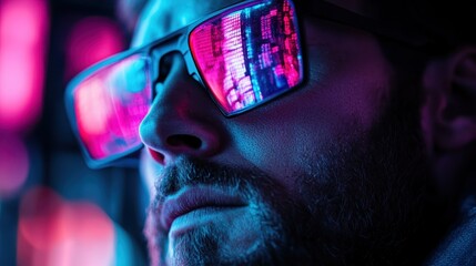 A portrait of a man wearing stylish sunglasses reflects vibrant lights, creating an artistic urban vibe, merging fashion with contemporary digital aesthetics and allure.