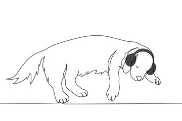 silhouette of a golden retriever or similar breed of adult dog lying on the floor wearing headphones - one line art vector. concept dog listening to music with closed eyes lying down