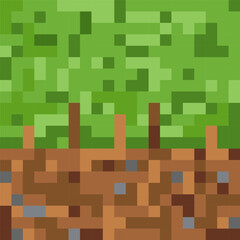 pixel art texture of the ground, tree trunks and dense foliage. abstract landscape of squares