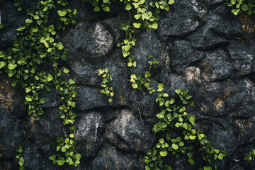 Obraz premium Green Vines on Dark Stone Wall Nature Texture Background