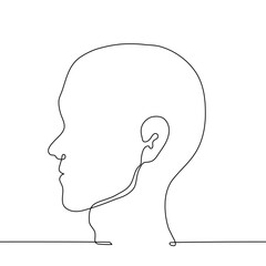 silhouette bald male head in profile - one line art vector. concept baldness in men, thought bubble template
