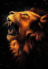Roaring Lion, Night Sky, African Savanna, Wildlife Art, Print
