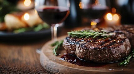 Succulent grilled steaks served on a wooden platter, garnished with rosemary and paired with red wine, set against a warm, inviting backdrop perfect for a gourmet experience.