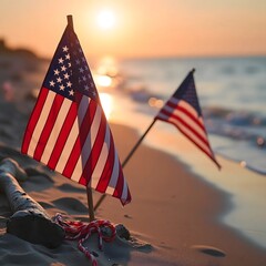 American flags on a sandy beach at sunset with ocean waves and a driftwood log in the foreground view