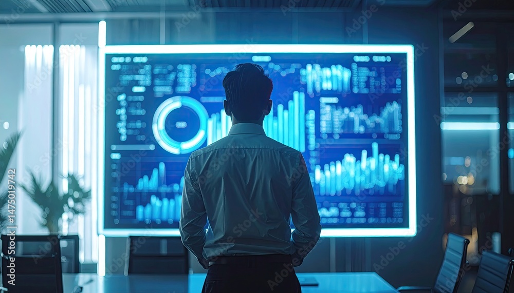 Poster man analyzing complex data displayed on a large screen in a mode