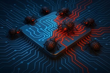Conceptual illustration of a computer chip infested by malware bugs representing cybersecurity threats for business and digital security