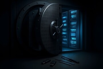 Conceptual representation of secure data server room protected inside a vault for business and cybersecurity purposes
