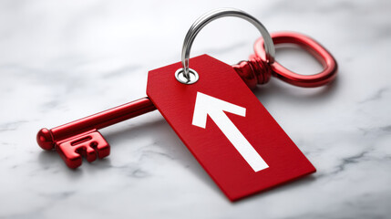 Red key with arrow tag symbolizes increased price and upward trend, placed on marble surface for business or finance concept