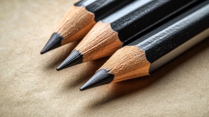 Close-up of three sharpened pencils on craft paper
