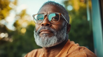 A thoughtful older man with a distinguished gray beard and glasses gazes into the distance, embodying wisdom and experience amidst a natural green backdrop, evoking admiration.
