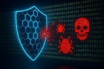 Digital security concept shield protects data from malware threats representing cybersecurity safeguards against cyberattacks in business
