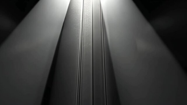 Light illuminates the narrow gap between closing elevator doors, creating a dramatic contrast