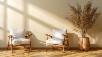 A stylish living room features two comfortable white chairs, a large decorative plant, and beautifully streamed natural light that creates a welcoming ambiance.