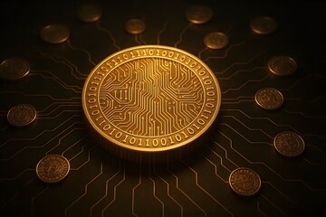 Golden cryptocurrency coin and binary code illustration on a circuit board symbolizing digital finance and blockchain technology cybersecurity business investments
