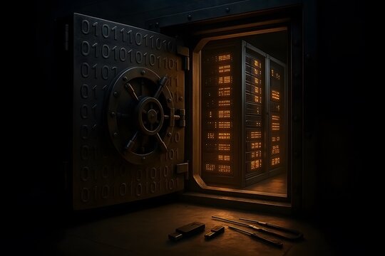 Secure data server room inside a vault digital cybersecurity and business technology concept of protection