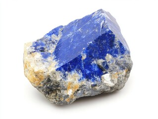 Close up studio shot of a raw lapis lazuli stone against a white background showcasing its rich blue color and texture