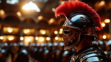This powerful image of a gladiator wearing an ornate helmet and armor captures the intensity of ancient battles, embodying strength, bravery, and the spirit of competition.