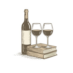 Hand-drawn wine and books icon for wine bar menus and cultural event branding