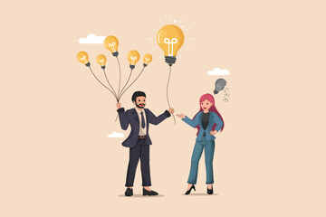 Obraz premium Businessman Presenting a Light Bulb to a Woman, Symbolizing Innovation and Collaboration, Symbolizing Idea Generation and Letting Go of Ineffective Concepts.