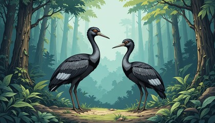 Obraz premium Dodo Birds In Forest. An illustration of a male and female Dodo Birds in a forest