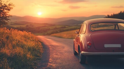 Classic car journey through scenic countryside at sunset allure