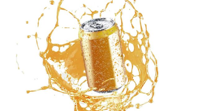 330ml soda can falling splash slow motion, depth of field